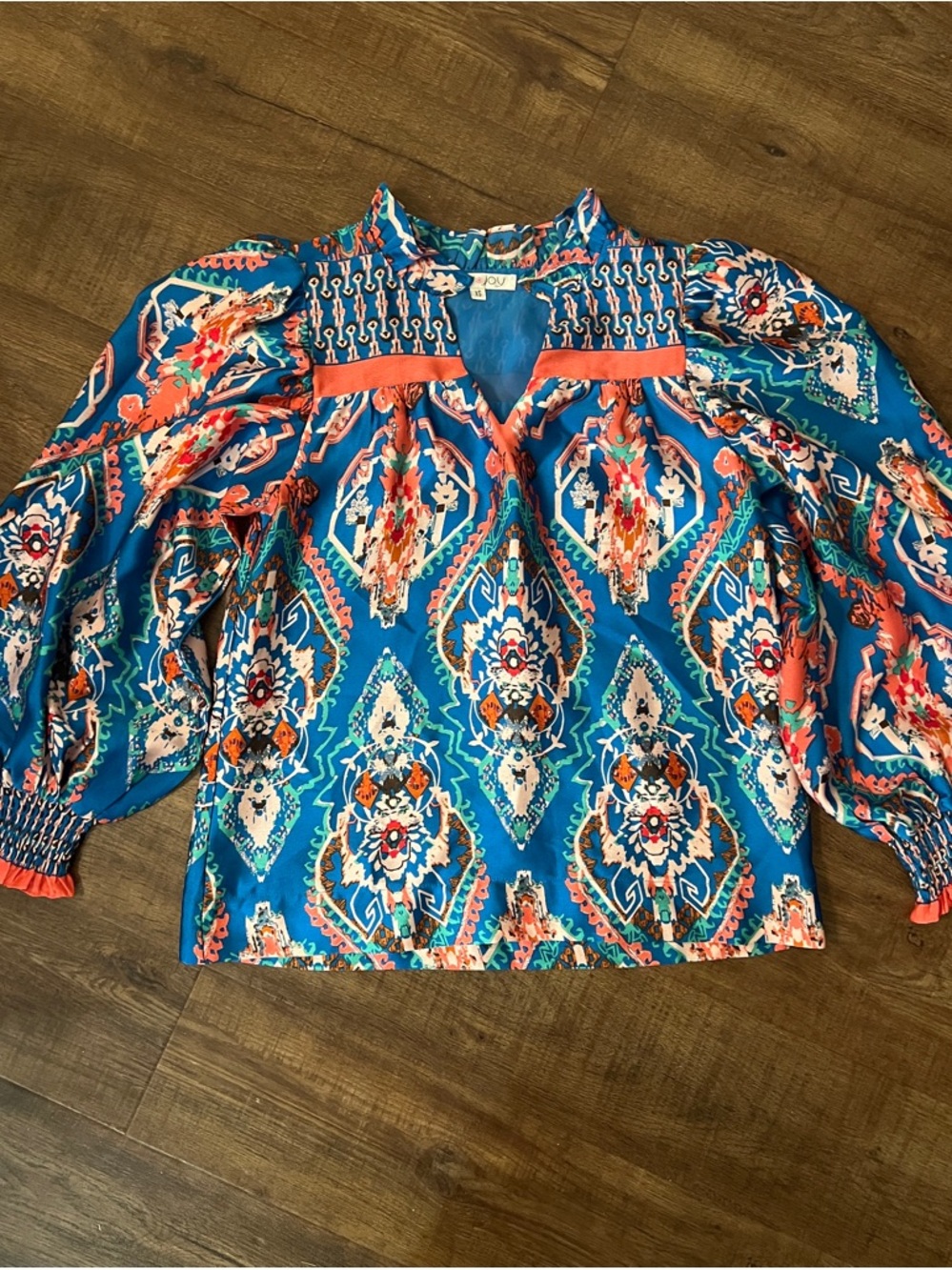 Joy Joy Boho Print Blouse XS Blue Orange Puff Sleeve Smocked Yoke Top